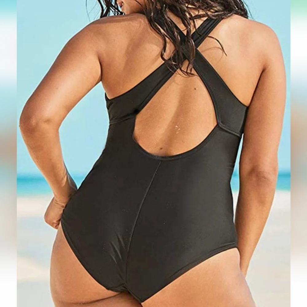 Plus Size One Piece Swimsuit Sexy Plunge Neck SZ 4XL black NWOT‎